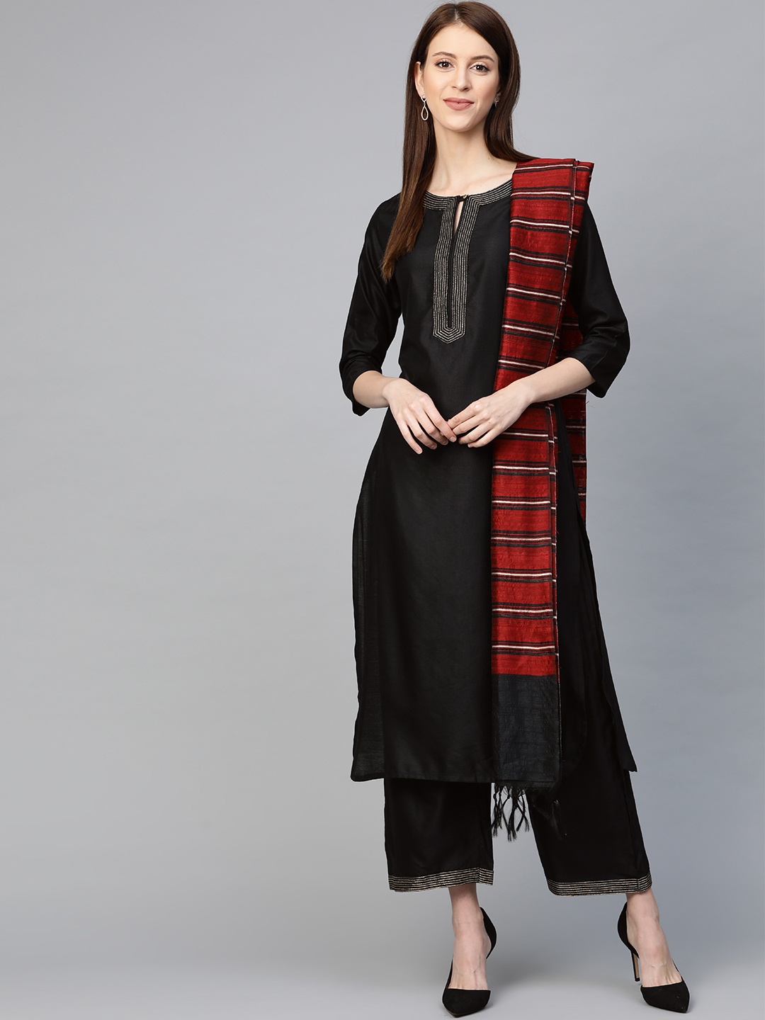 

Indo Era Women Black & Red Yoke Design Kurta with Palazzos & Dupatta