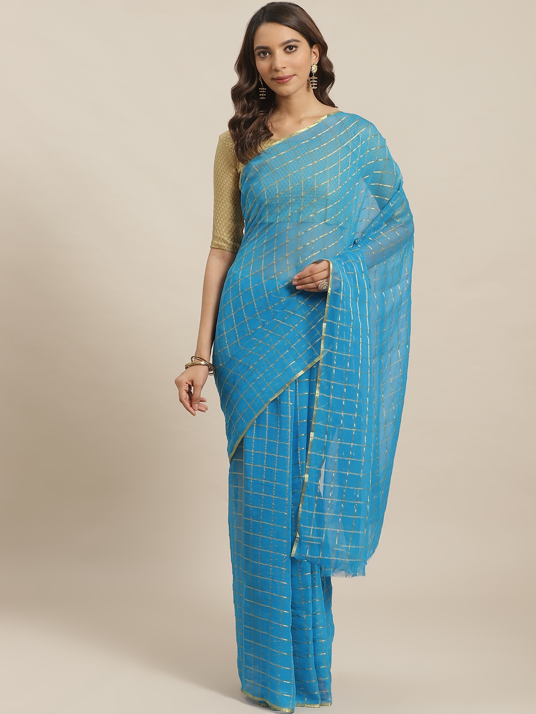 

Saree mall Blue & Golden Checked Saree