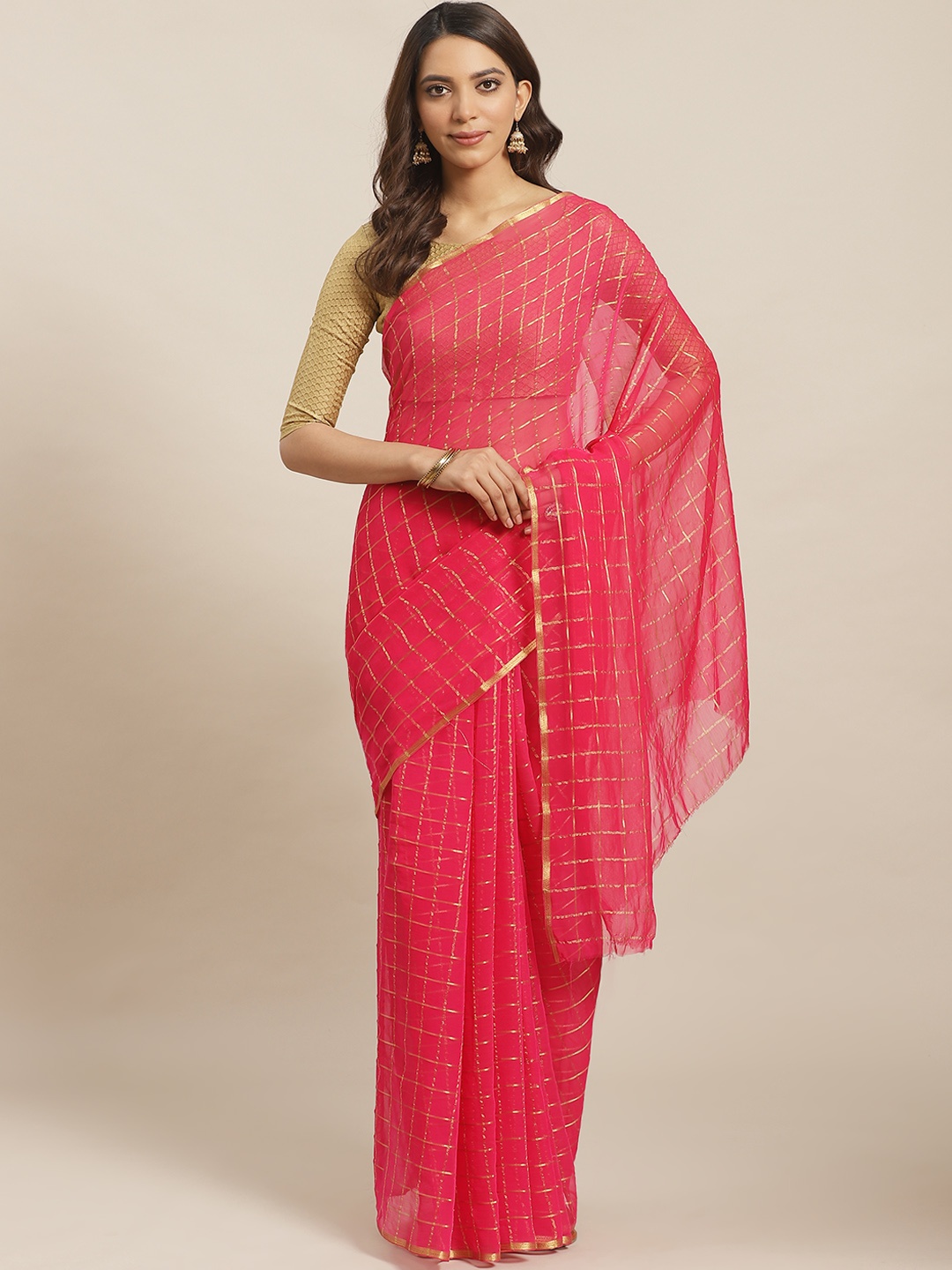 

Saree mall Pink & Golden Checked Saree