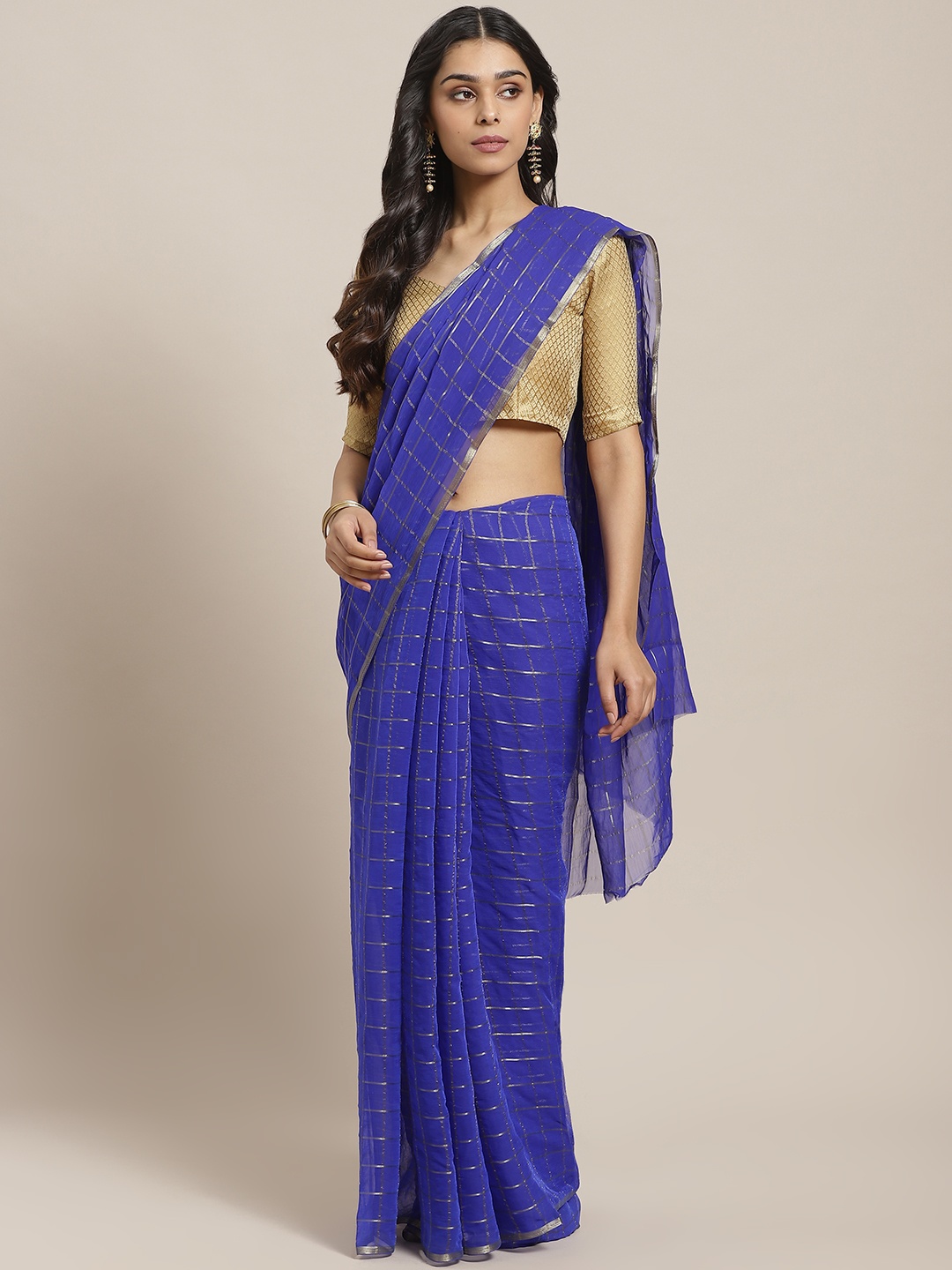 Saree mall Blue & Golden Checked Saree