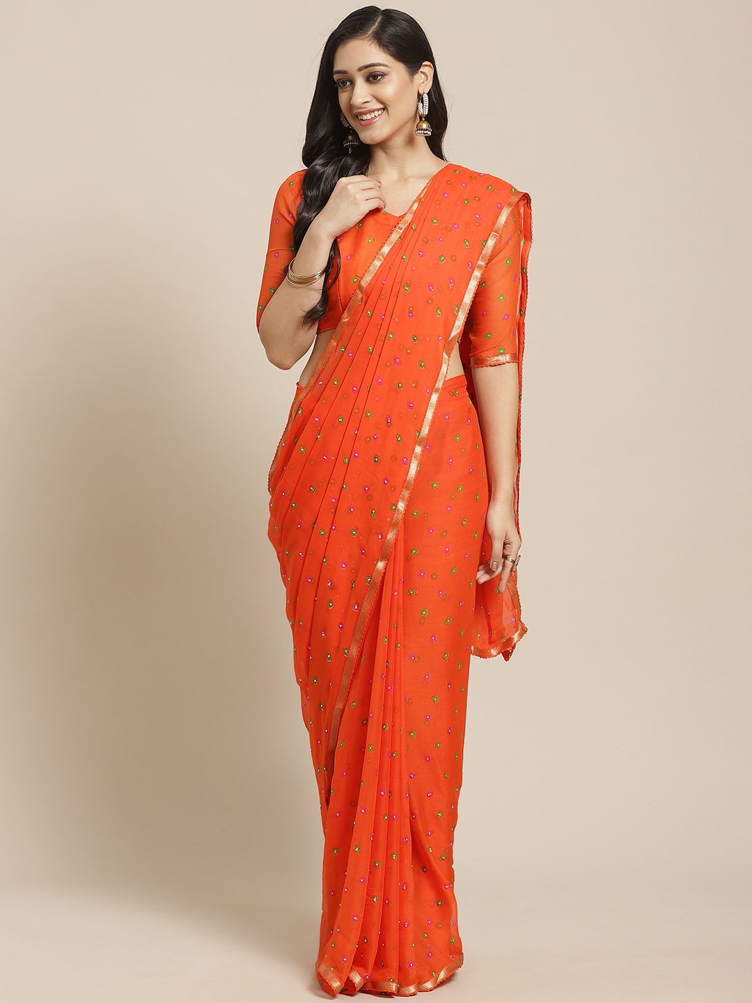 

Saree mall Orange & Green Bandhani Print Saree