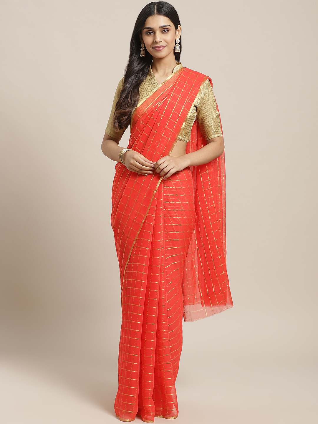 

Saree mall Red & Golden Checked Saree