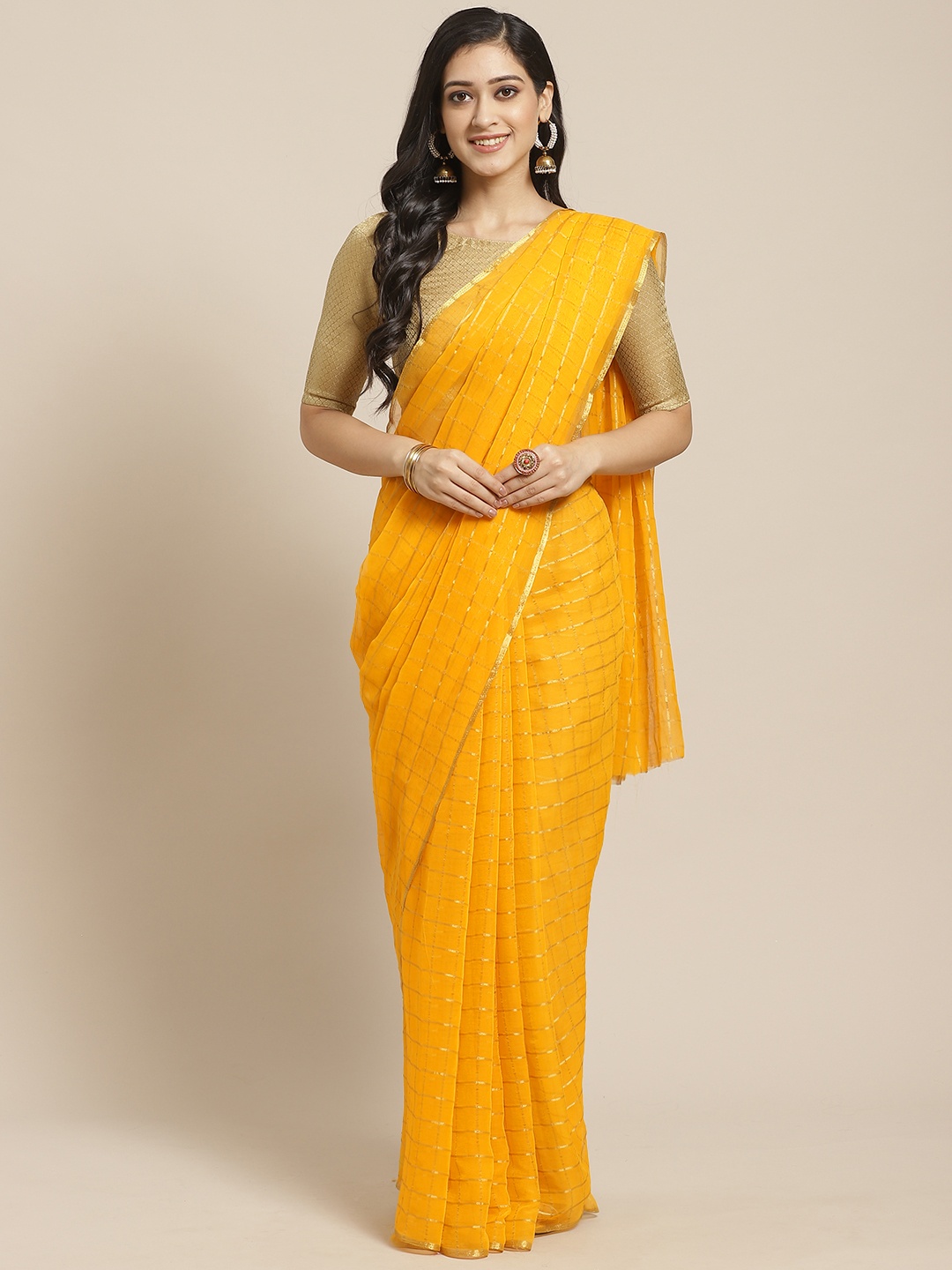 

Saree mall Yellow & Golden Checked Saree