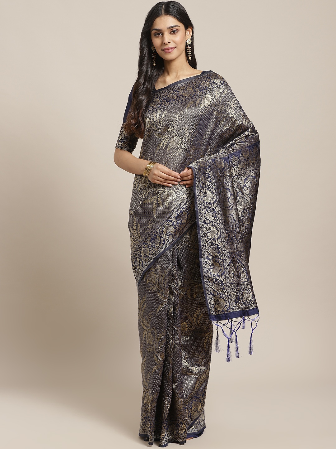 

Saree mall Navy Blue & Golden Woven Design Banarasi Saree