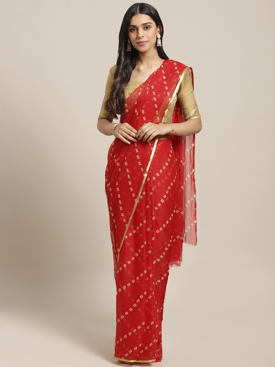 

Saree mall Red & Beige Bandhani Printed Saree