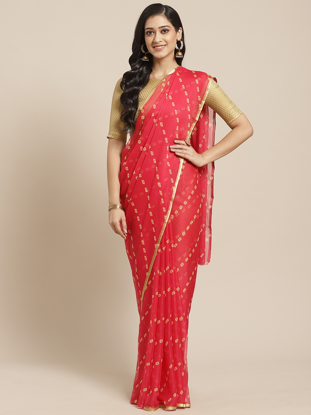 

Saree mall Pink & Beige Bandhani Printed Saree