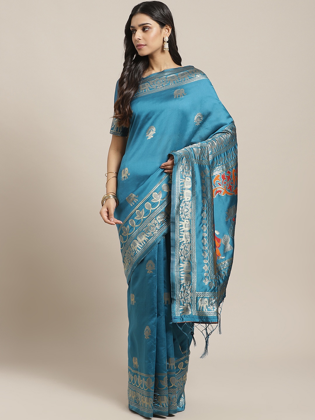 

Saree mall Teal Blue & Golden Woven Design Banarasi Saree