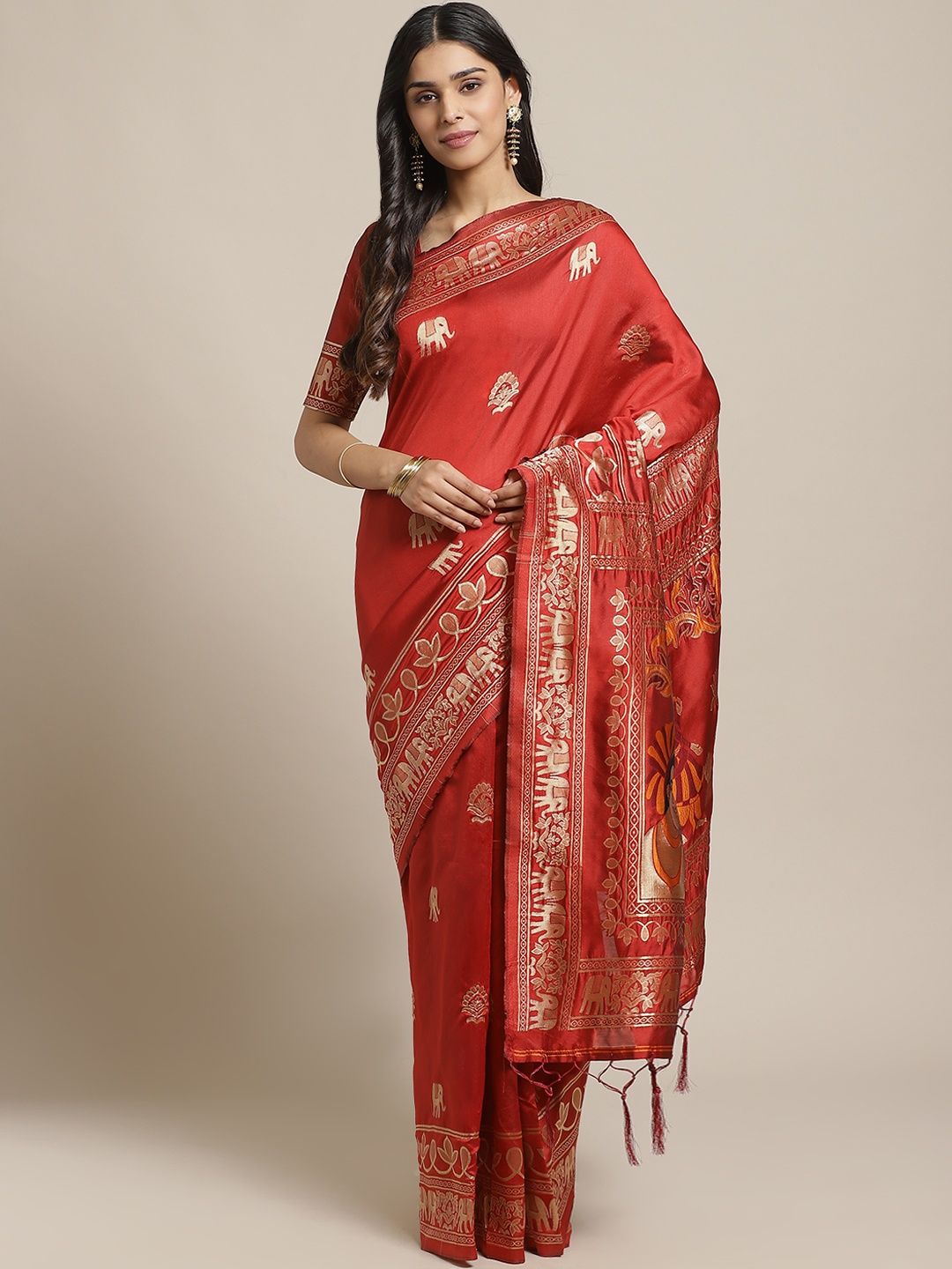 

Saree mall Rust Orange & Golden Woven Design Banarasi Saree