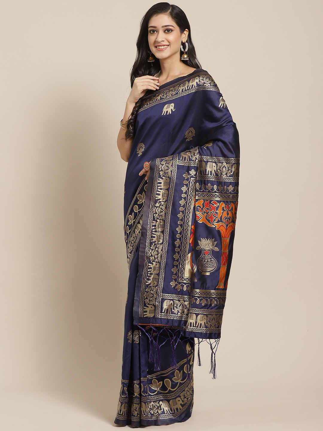 

Saree mall Navy Blue & Golden Woven Design Banarasi Saree