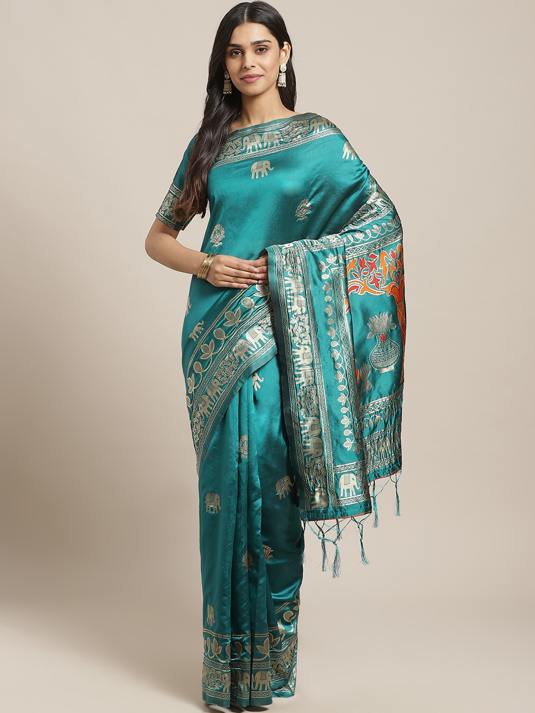 

Saree mall Teal Green & Golden Woven Design Banarasi Saree