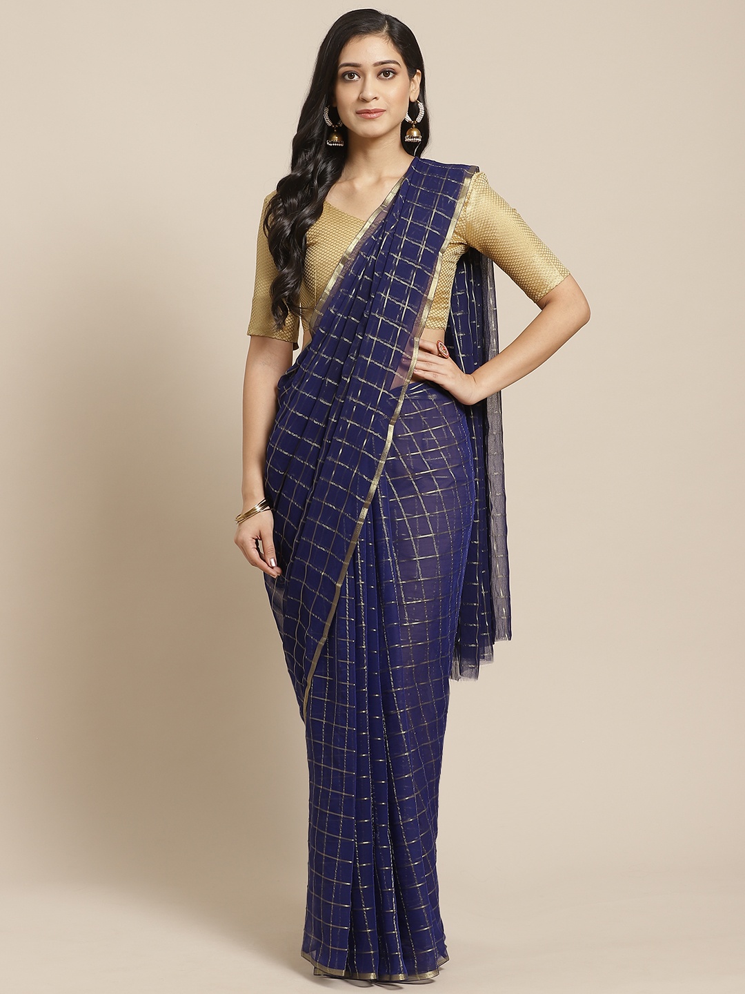 

Saree mall Navy Blue & Golden Checked Saree