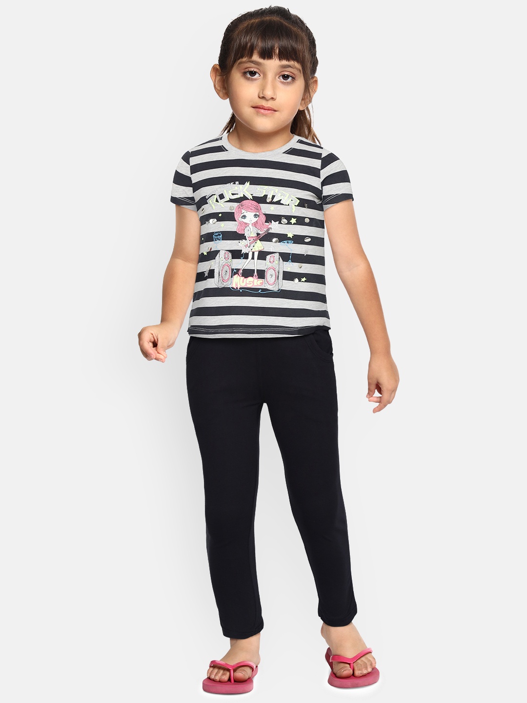 

Sweet Dreams Girls Grey Melange & Black Striped & Printed Night Suit