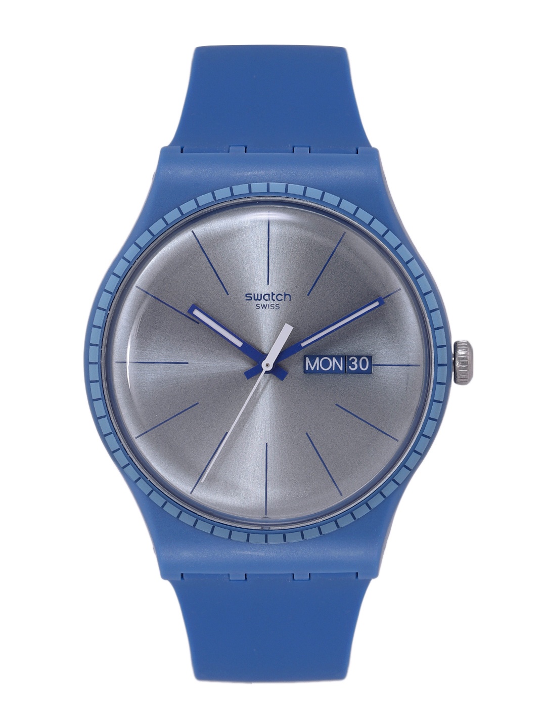 

Swatch Unisex Silver-Toned Swiss Blue Rails Water Resistant Analogue Watch SUON714