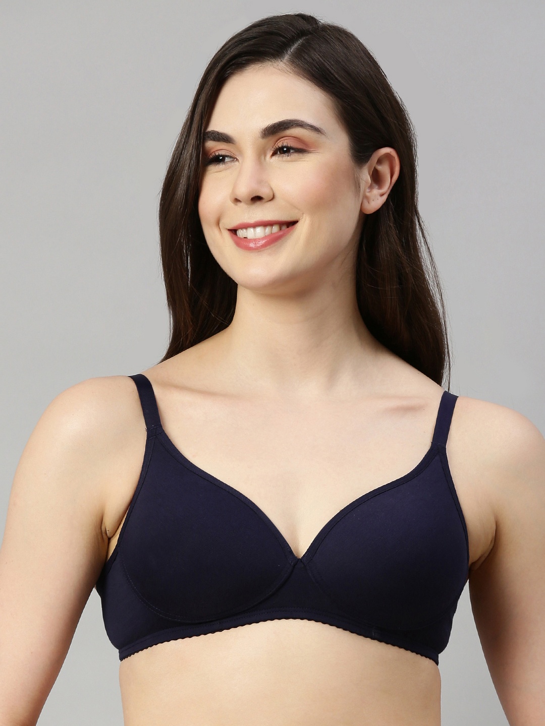 

Enamor Blue Non-Wired Padded Medium Coverage daily wear Tshirt Bra A042, Navy blue