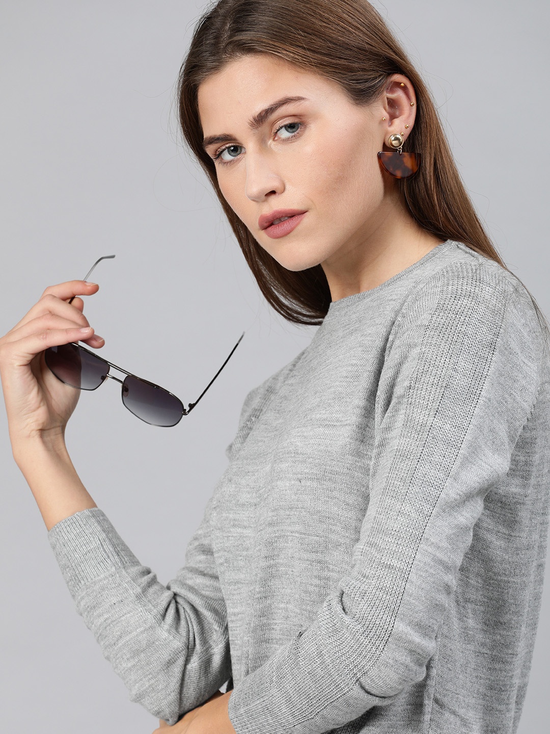 

ONLY Women Grey Melange Self Design Pullover Sweater