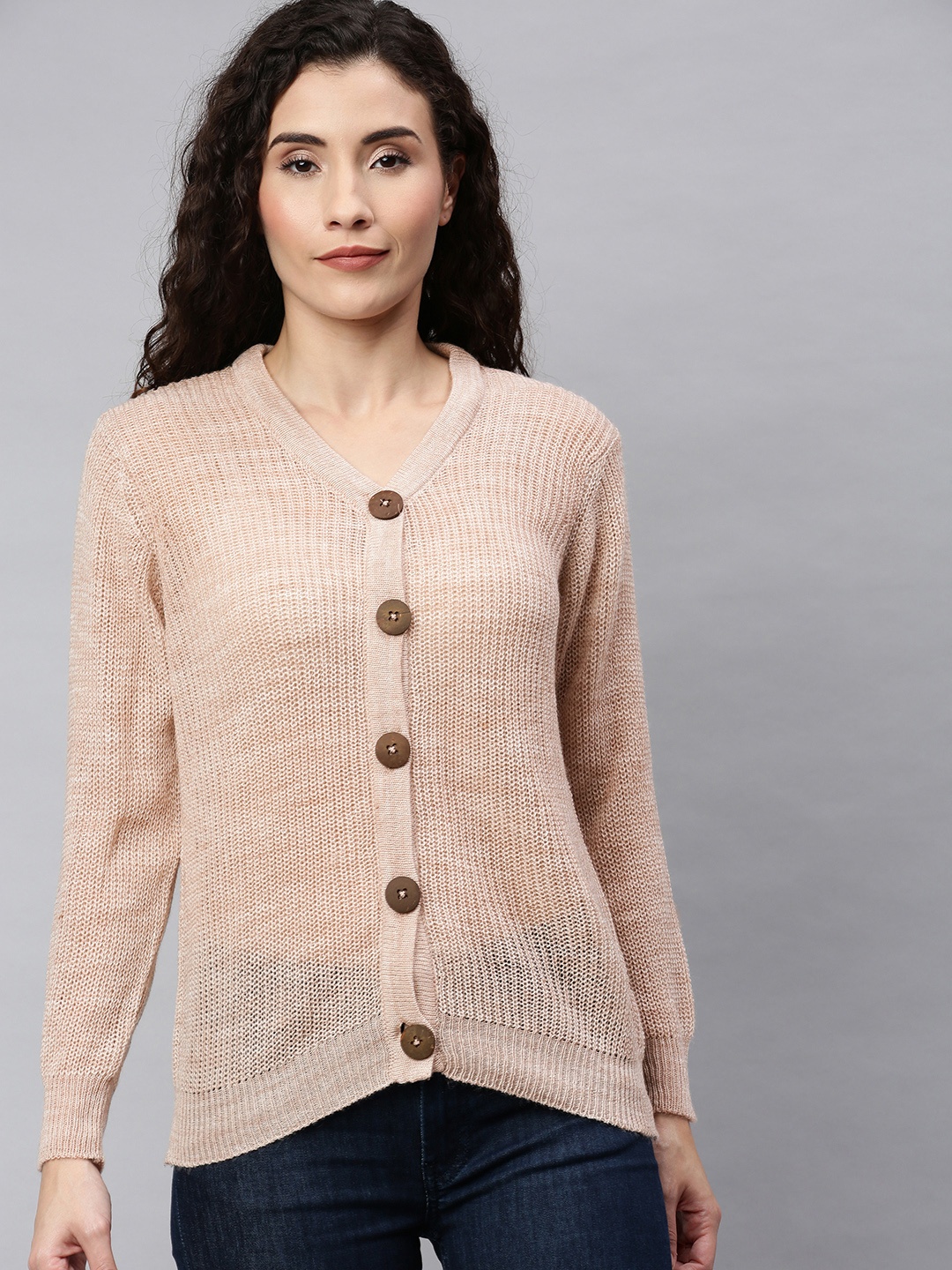 

ONLY Women Beige Self-Striped Semi-Sheer Cardigan Sweater