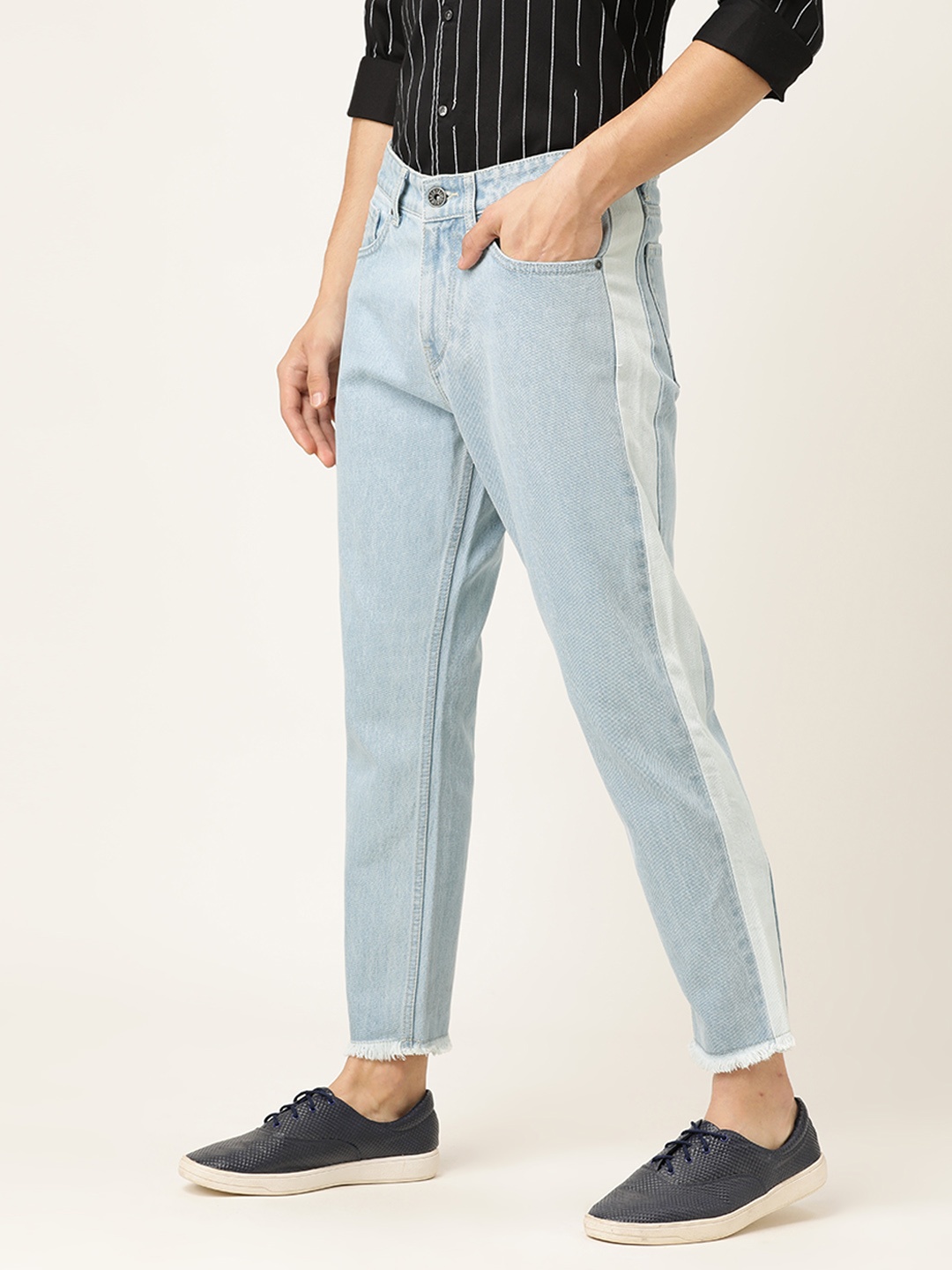 

Being Human Men Blue Tapered Fit Mid-Rise Clean Look Side Striped Frayed Hem Crop Jeans
