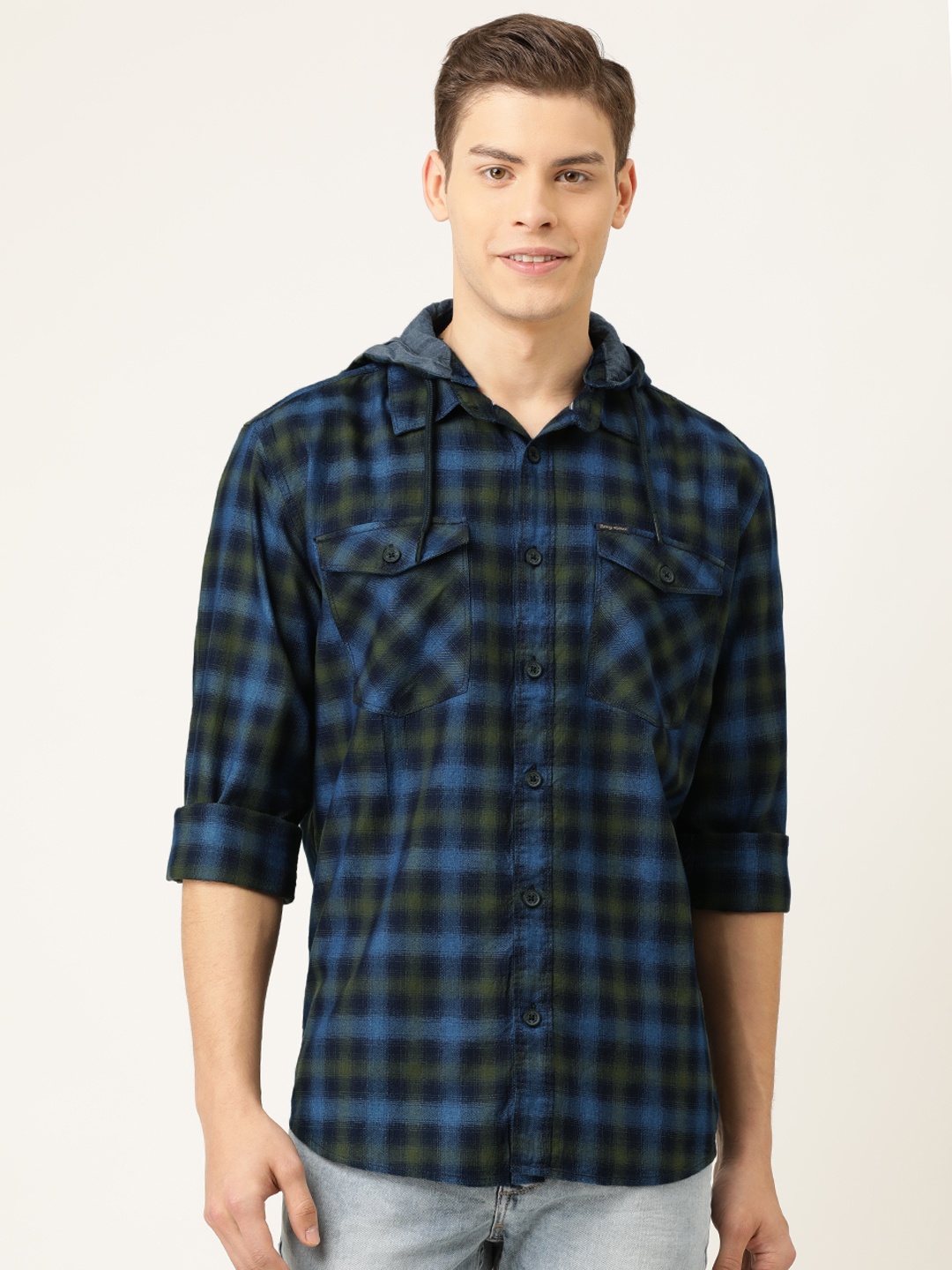 

Being Human Men Navy Blue & Olive Green Regular Fit Checked Casual Hooded Shirt