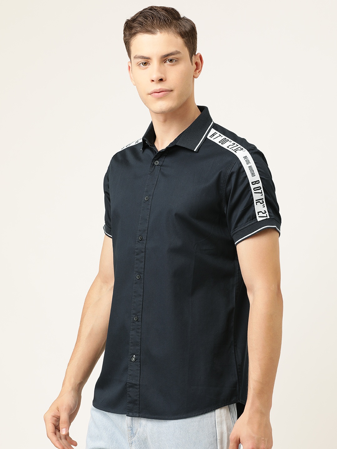 

Being Human Men Navy Blue Slim Fit Solid Casual Side Striped Shirt