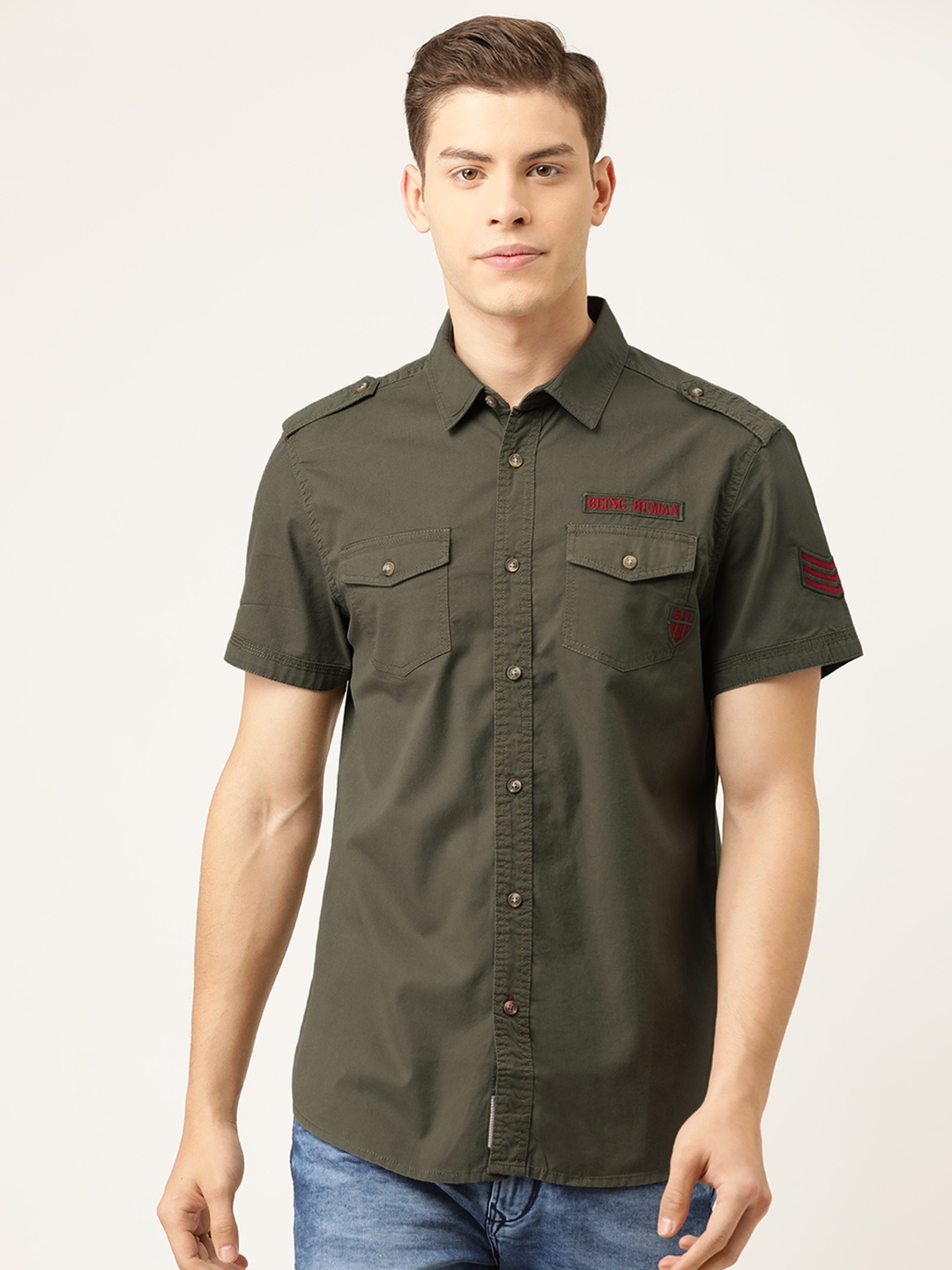 

Being Human Men Olive Green Slim Fit Solid Casual Shirt
