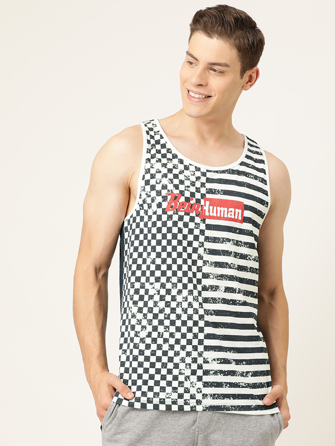 

Being Human Men White Navy Blue Checked Round Neck Pure Cotton T-shirt
