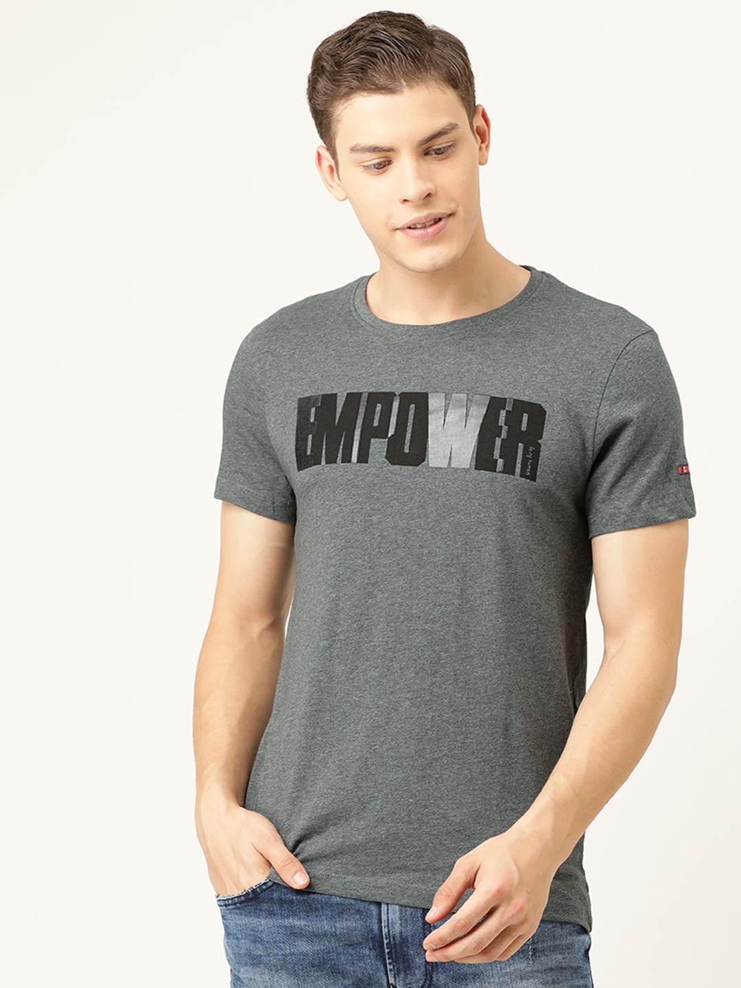 

Being Human Men Grey Melange Printed Round Neck Pure Cotton T-shirt