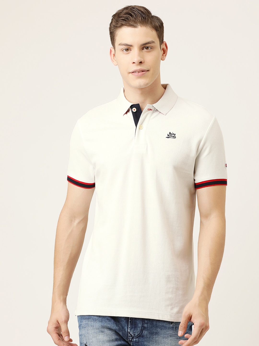 

Being Human Men White Solid Polo Collar Pure Cotton T-shirt