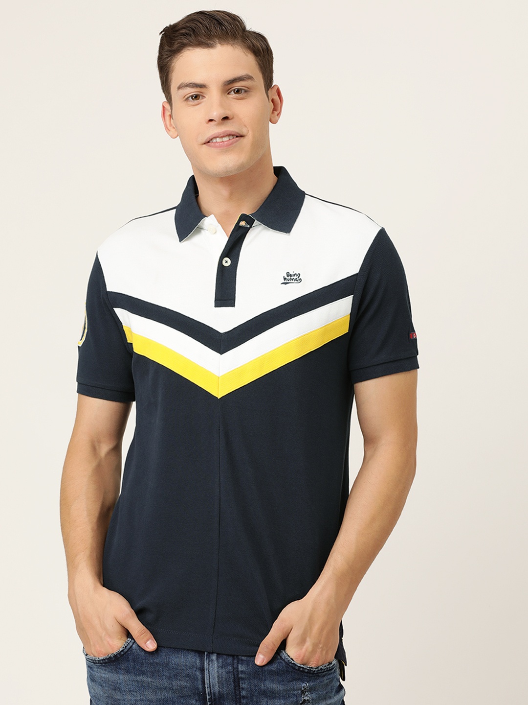 

Being Human Men Navy Blue White Colourblocked Polo Collar Pure Cotton T-shirt