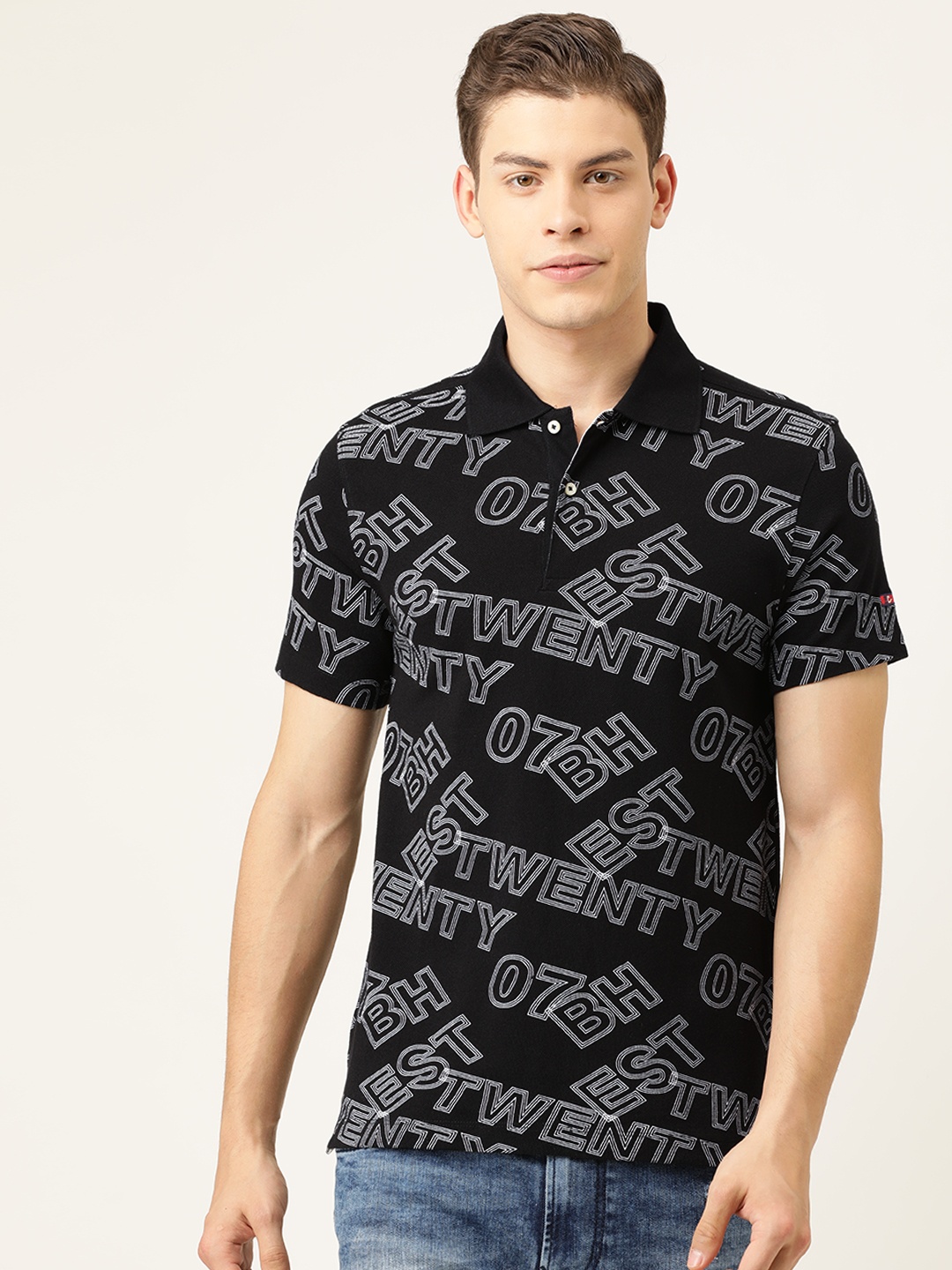 

Being Human Men Black White Printed Polo Collar Pure Cotton T-shirt