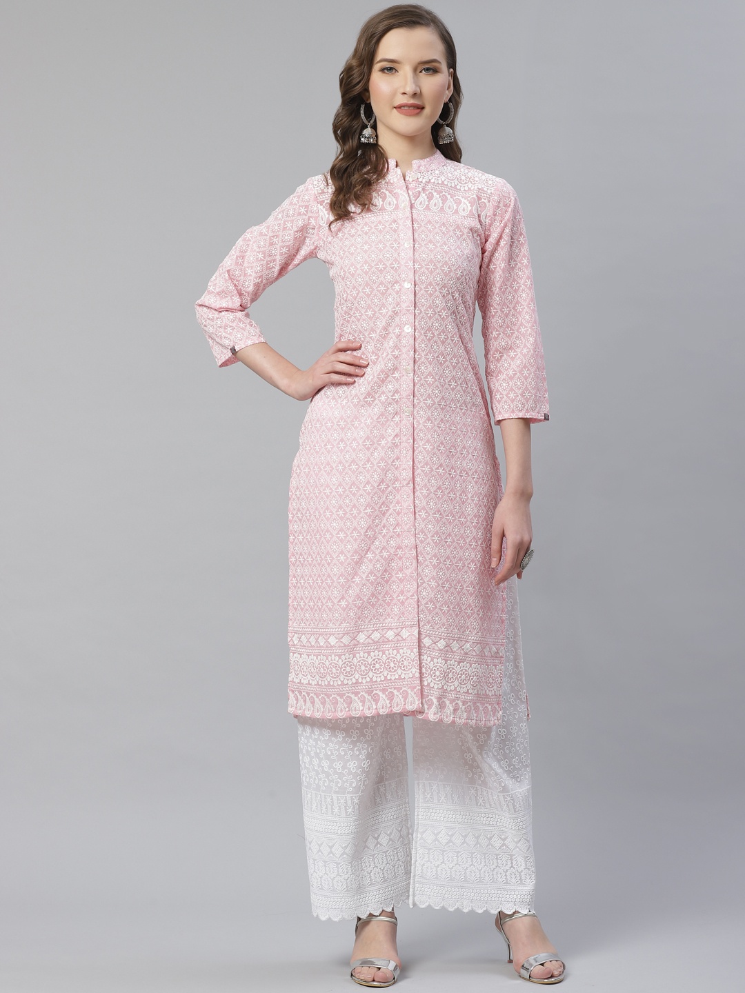 

Jompers Women Pink & White Chikankari Embroidered Kurta with Palazzos