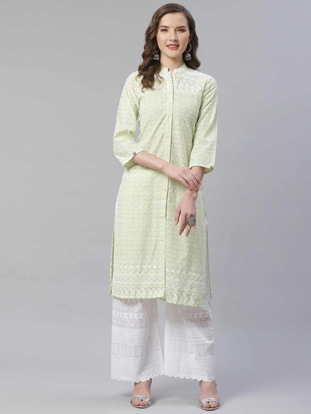 

Jompers Women Lime Green & White Chikankari Embroidered Kurta with Palazzos