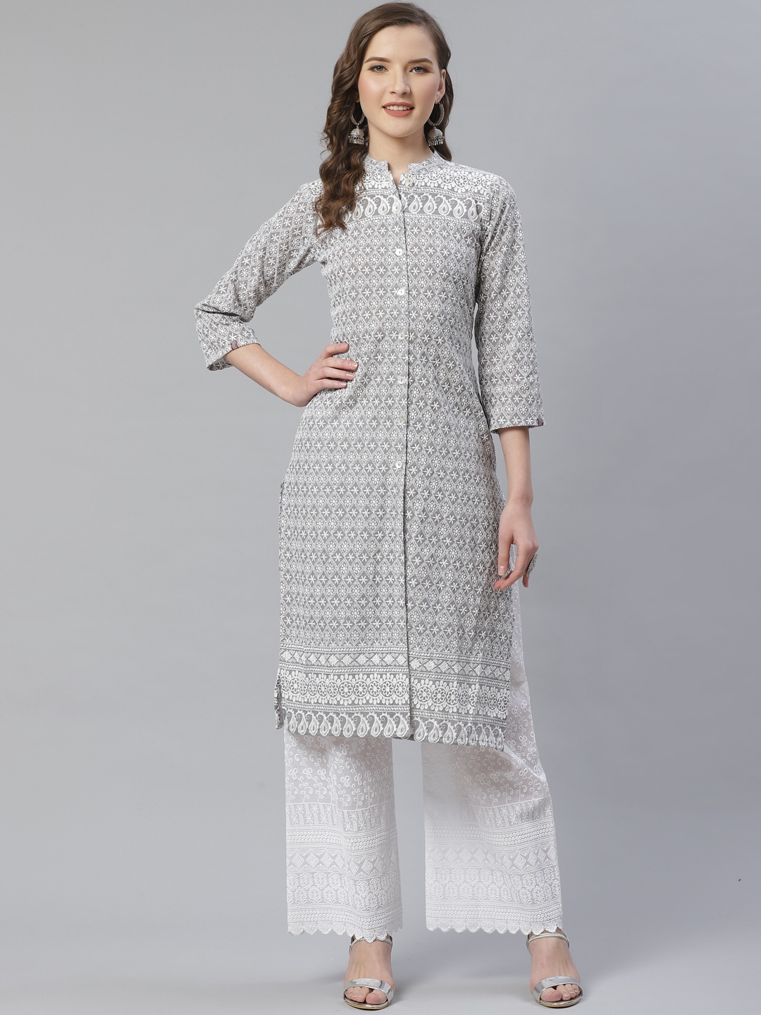 

Jompers Women Grey & White Chikankari Embroidered Kurta with Palazzos