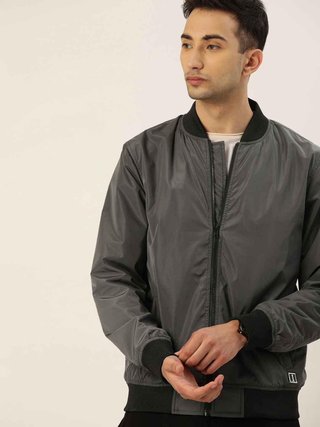 

SINGLE Men Charcoal Grey Slim Fit Solid Bomber Jacket
