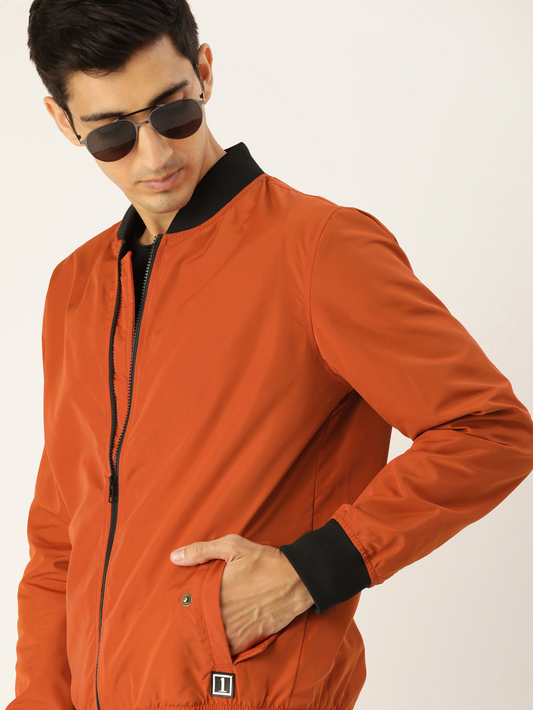 

SINGLE Men Orange Slim Fit Solid Bomber Jacket