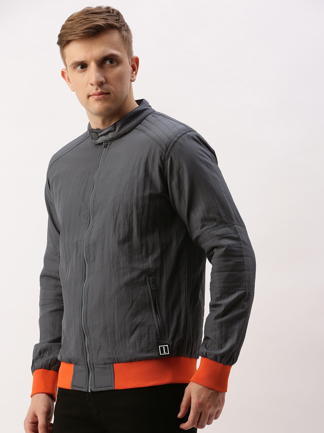 

SINGLE Men Charcoal Grey Solid Bomber Jacket