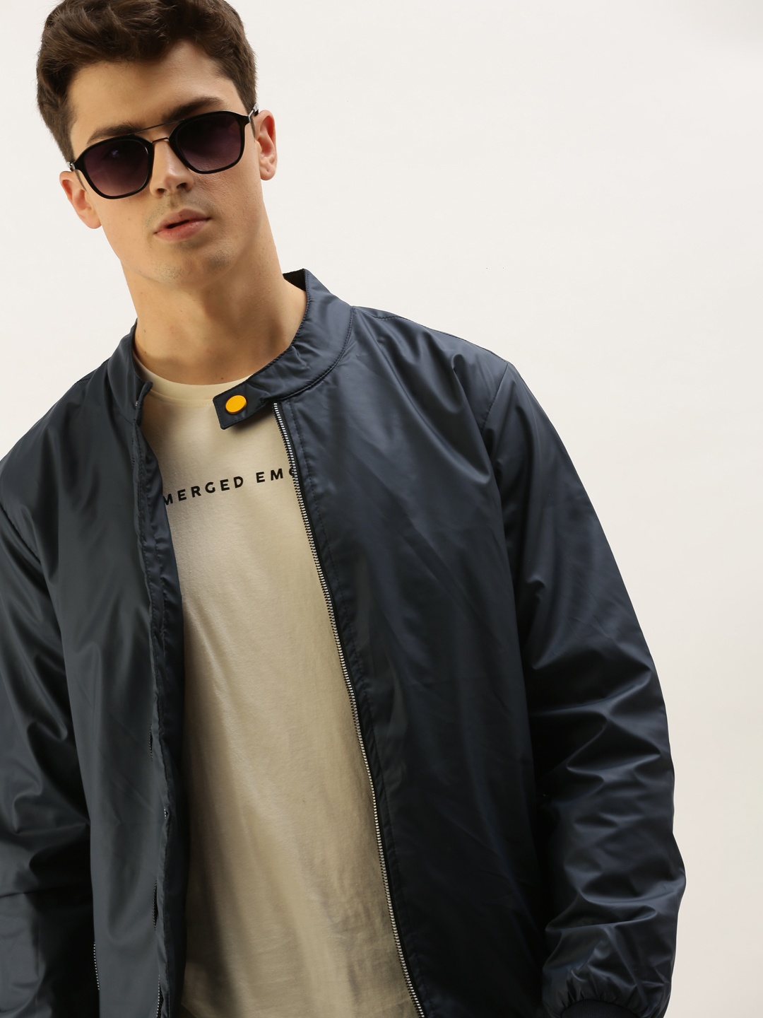 

SINGLE Men Navy Blue Solid Bomber