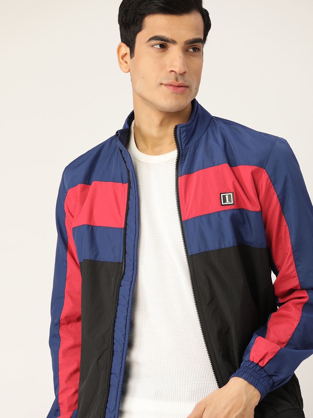 

SINGLE Men Black & Blue Striped Bomber Jacket