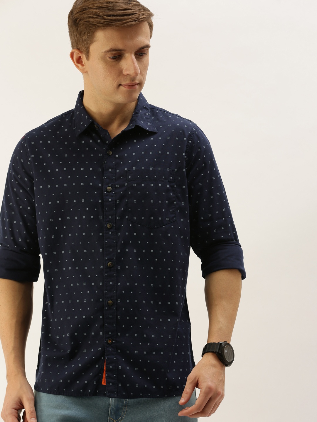 

SINGLE Men Navy Blue Slim Fit Printed Casual Shirt