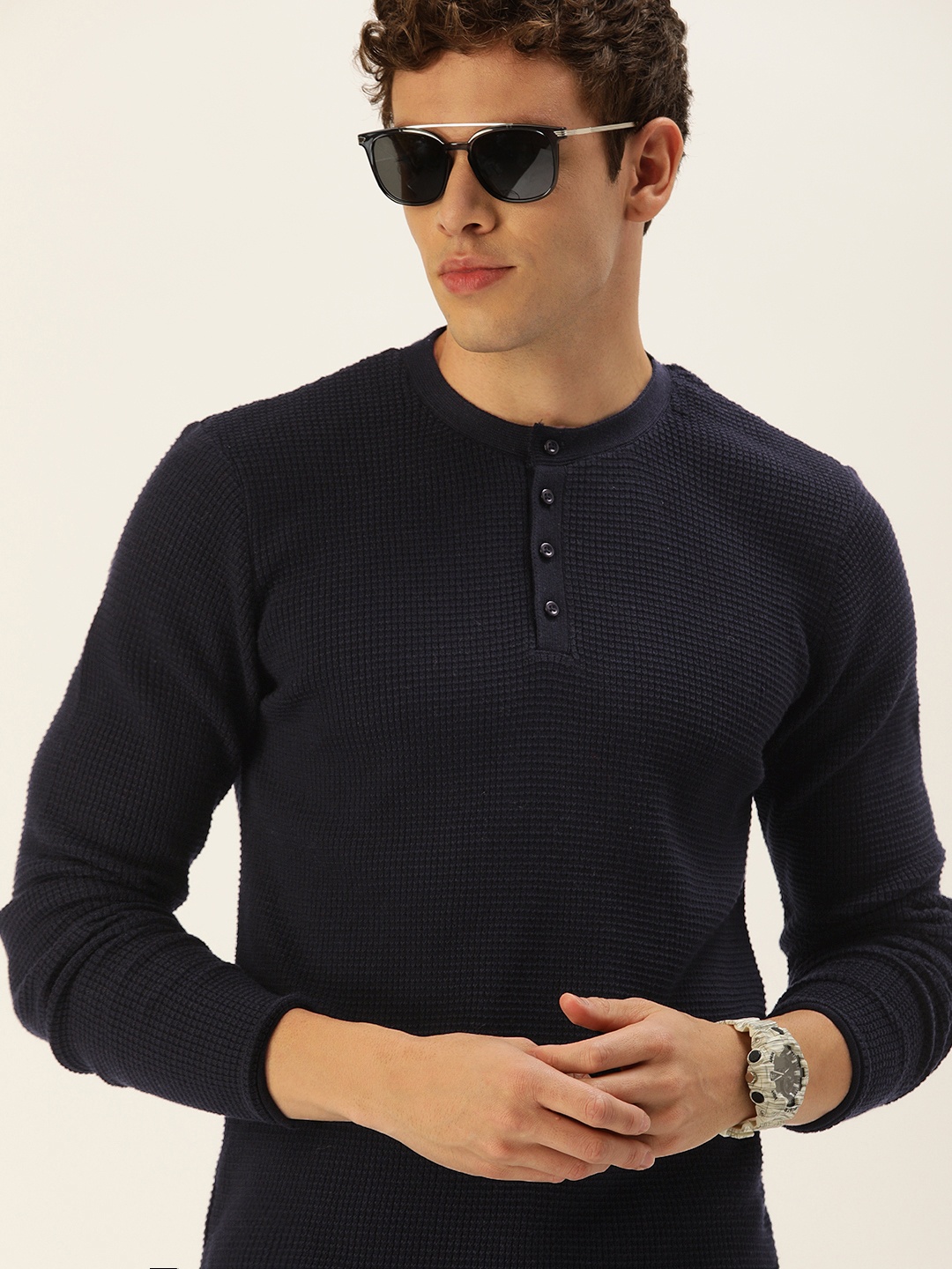 

SINGLE Men Navy Blue Solid Pure Cotton Pullover Sweater