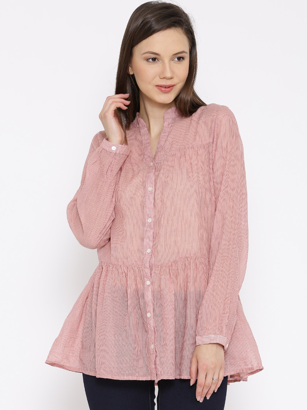

Vaak Pink Pinstriped Peplum Shirt