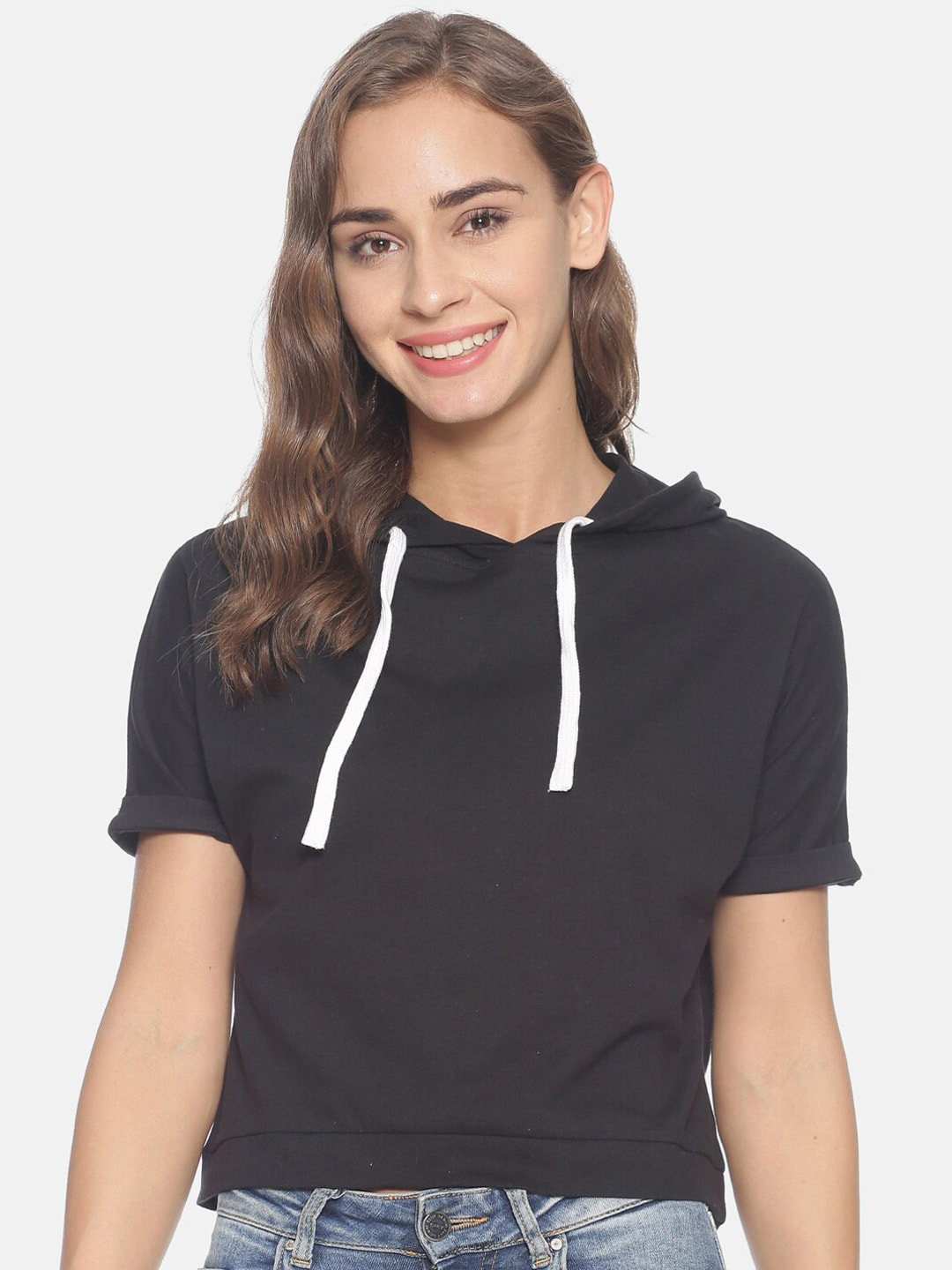 

Campus Sutra Women Black Solid Hood Pure Cotton Top