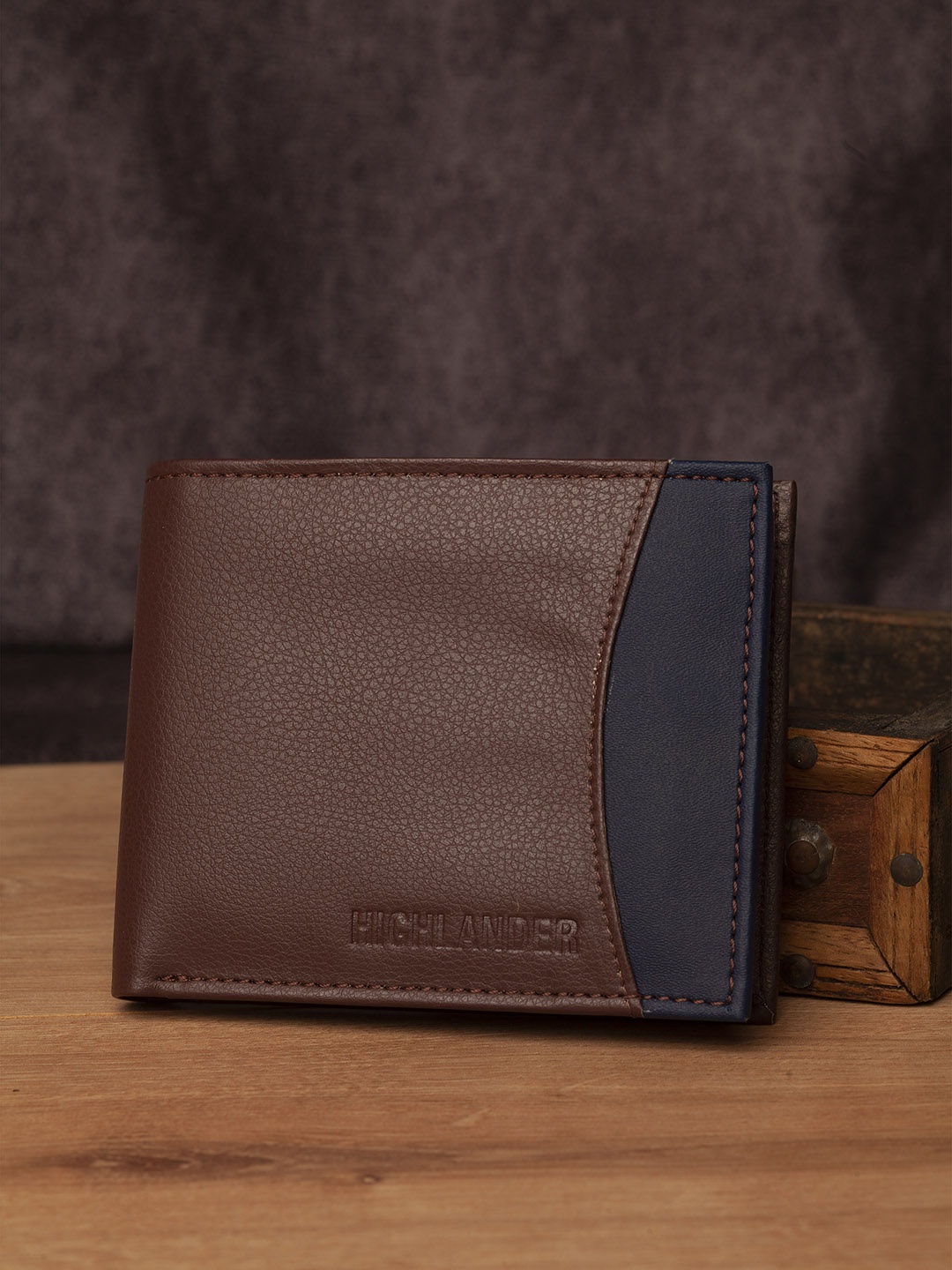 

HIGHLANDER Men Brown & Navy Blue Colourblocked Two Fold Wallet