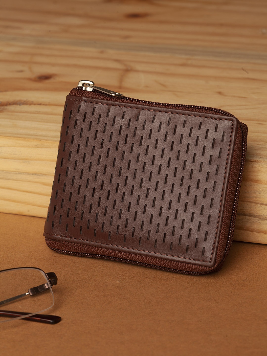 

HIGHLANDER Men Brown Laser Cut Zip Around Wallet