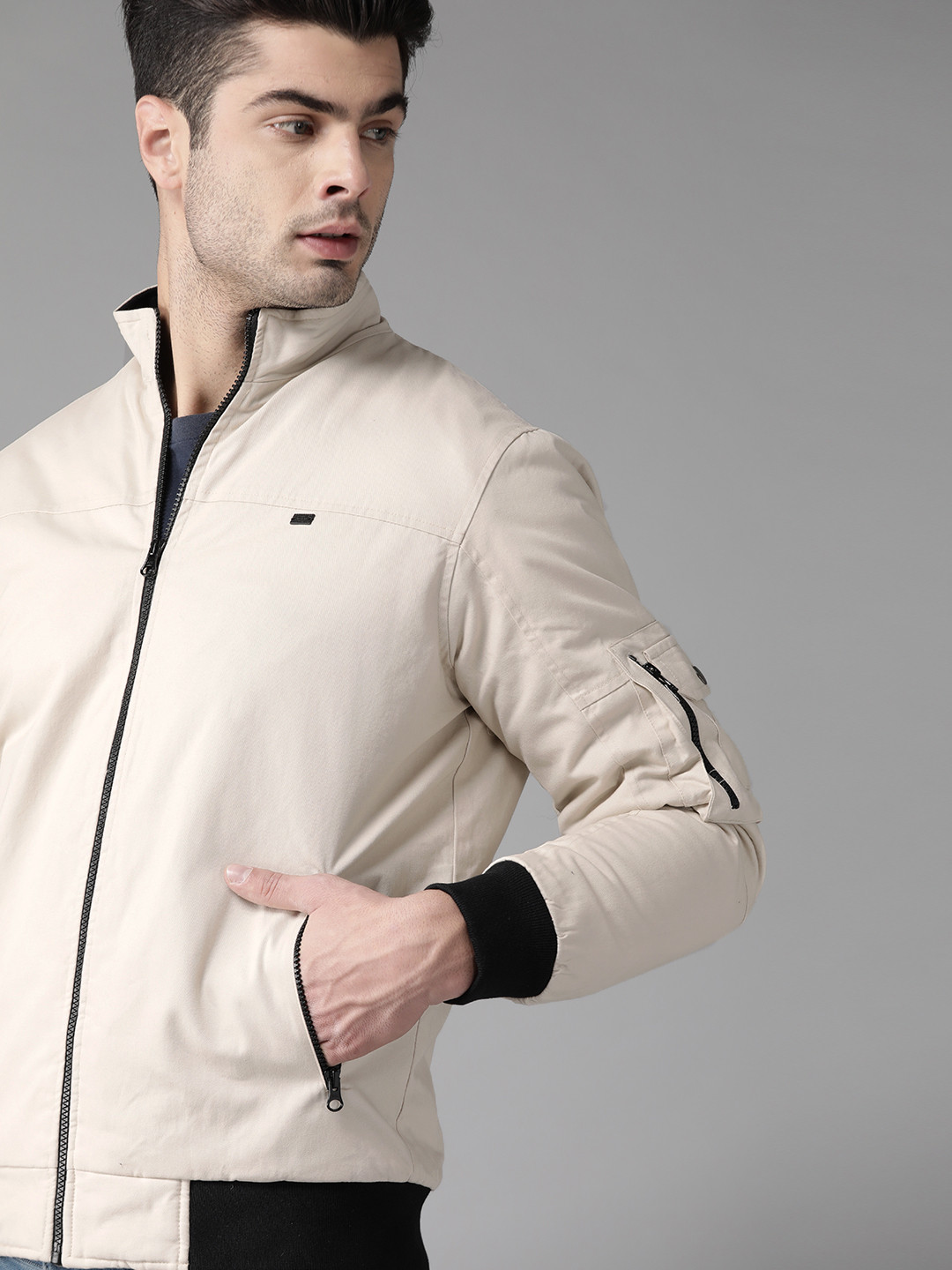 

Roadster Men Off-White Antiviral & Antibacterial protection Solid Bomber Jacket