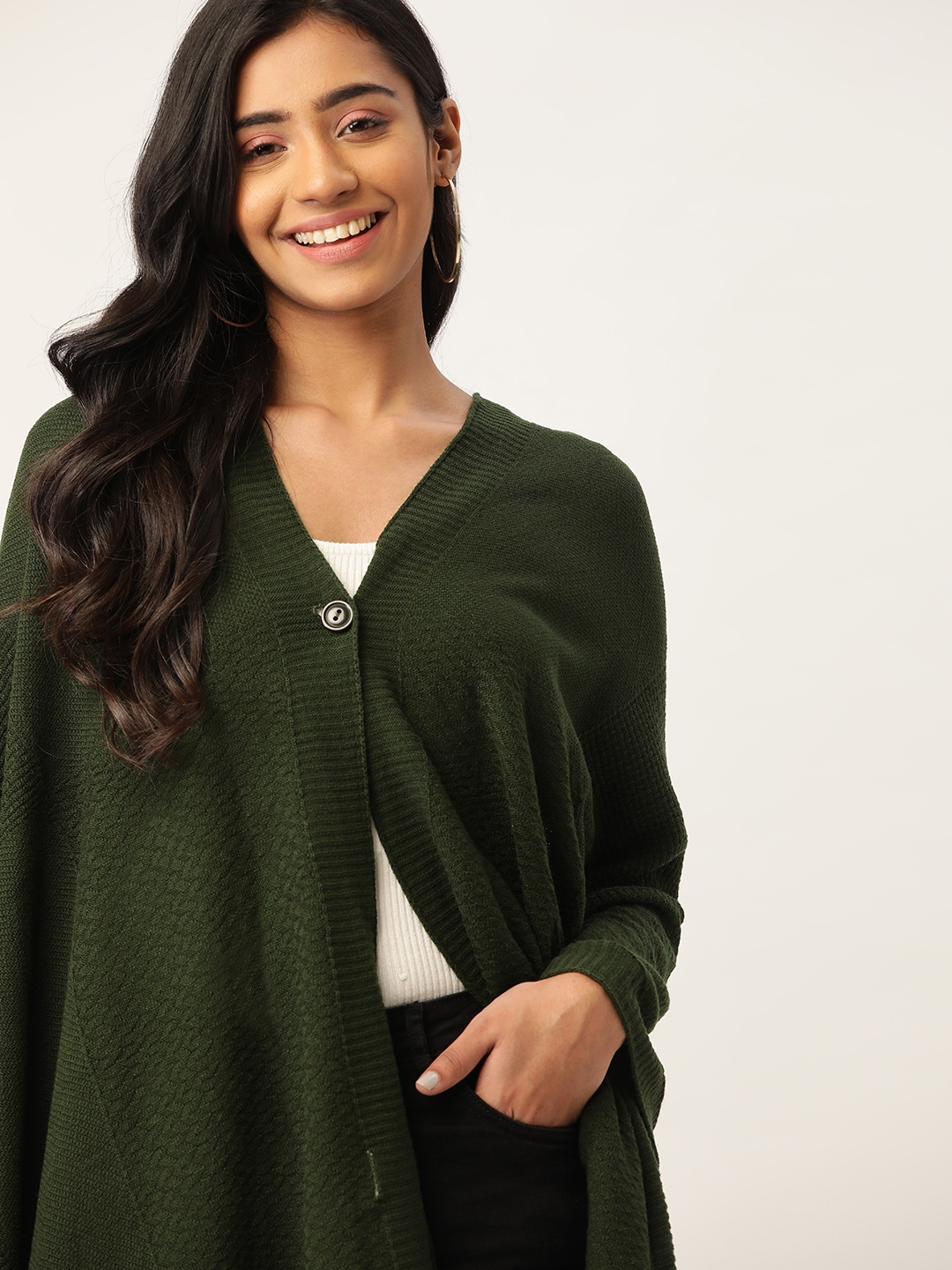 

DressBerry Women Olive Green Self Design Front-Open Sweater