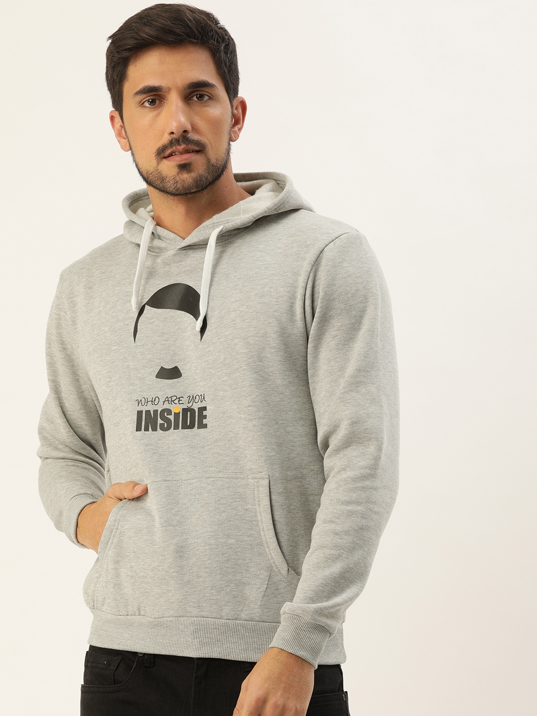 

Campus Sutra Men Grey Printed Hooded Sweatshirt