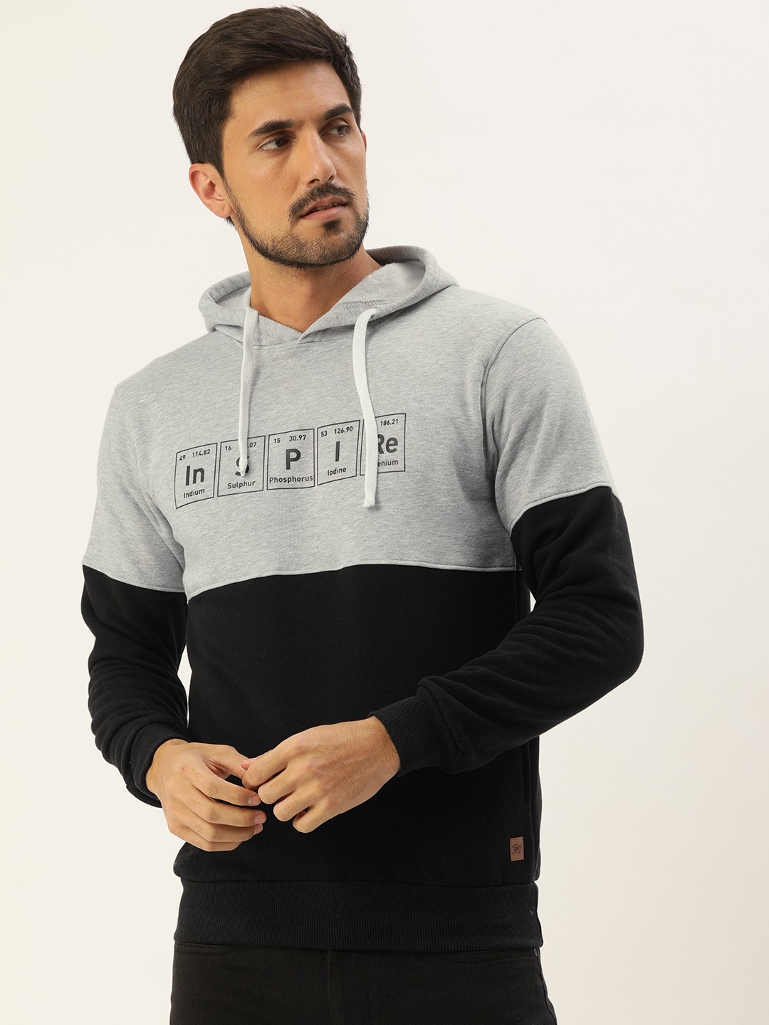 

Campus Sutra Men Black & Grey Colourblocked Hooded Sweatshirt