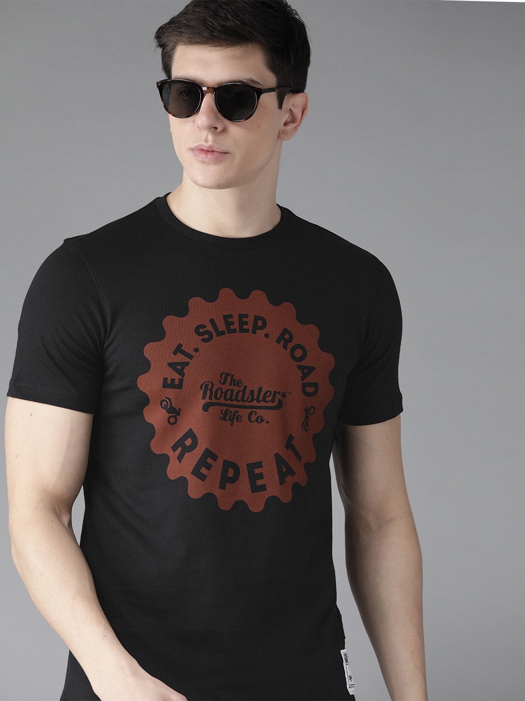 

Roadster Men Black Brown Antiviral Antibacterial protection Printed Round Neck Pure Cotton T-shirt