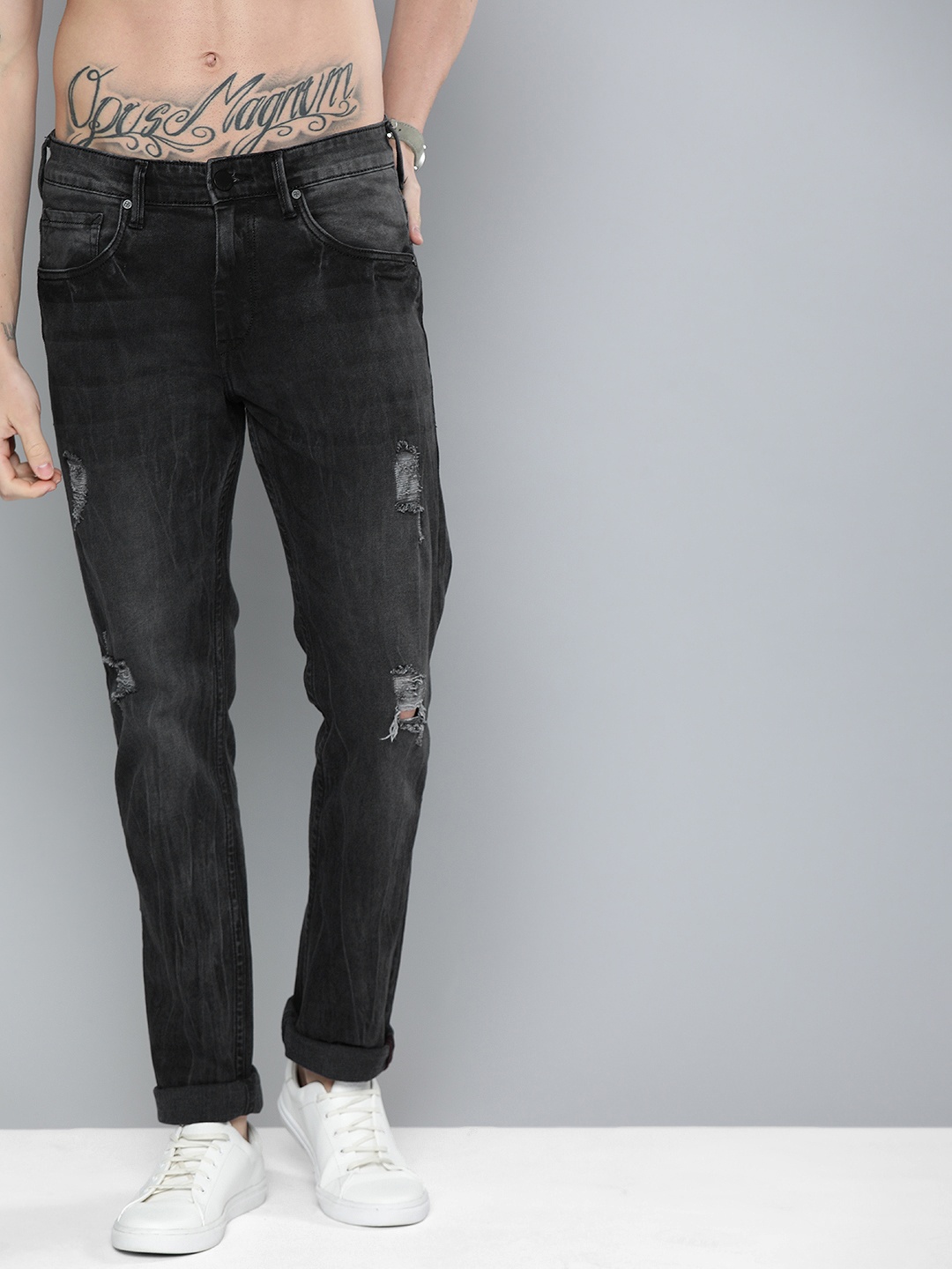 

HERE&NOW Men Charcoal Grey Slim Fit Mid-Rise Mildly Distressed Stretchable Jeans
