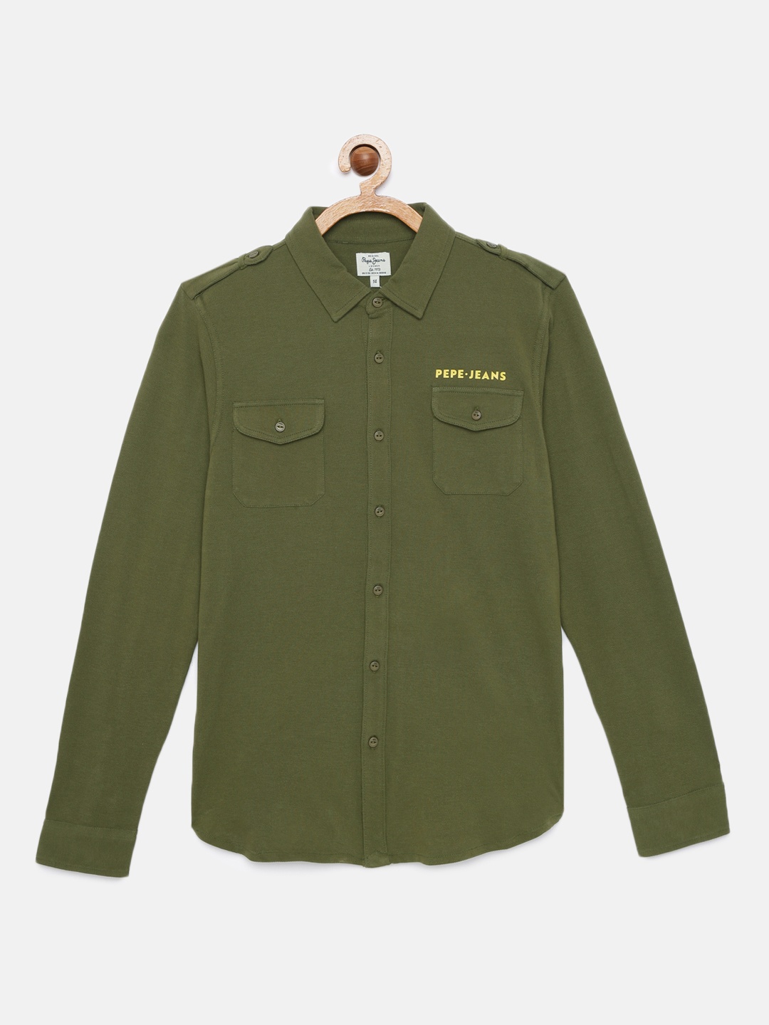 

Pepe Jeans Boys Olive Green JASON LS IP Pure Cotton Regular Fit Solid Casual Shirt